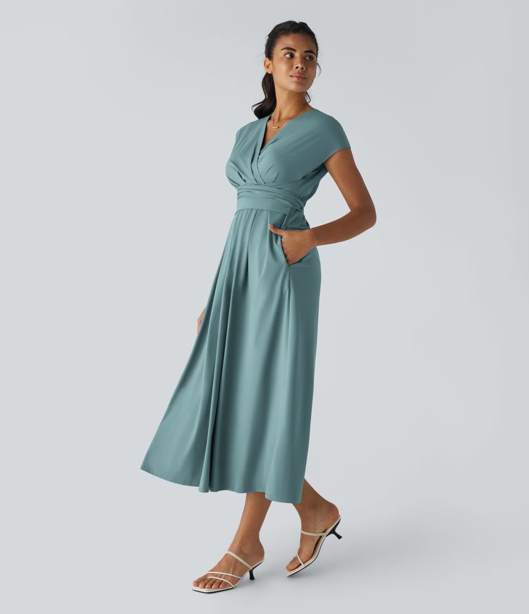 Abito Midi Donna Leggero – Scollo a V, Vita Elastica e Vestibilità Svasata - immagine 2