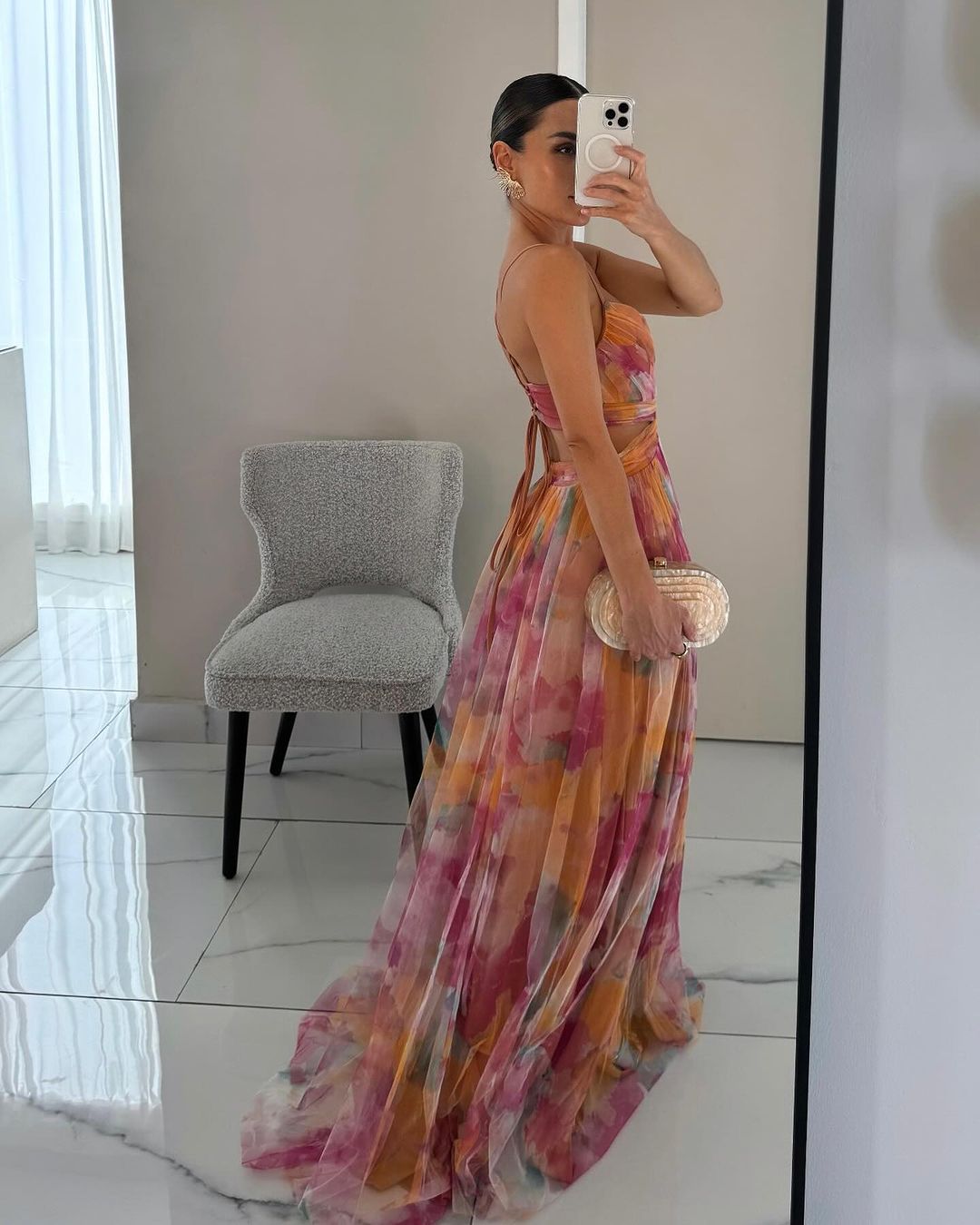 Abito Lungo Donna in Mesh Floreale – Busto Aderente e Gonna Sovrapposta - immagine 3
