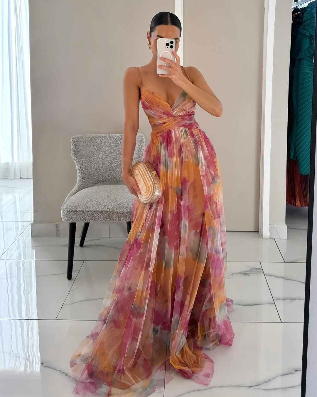 Abito Lungo Donna in Mesh Floreale – Busto Aderente e Gonna Sovrapposta - immagine 1