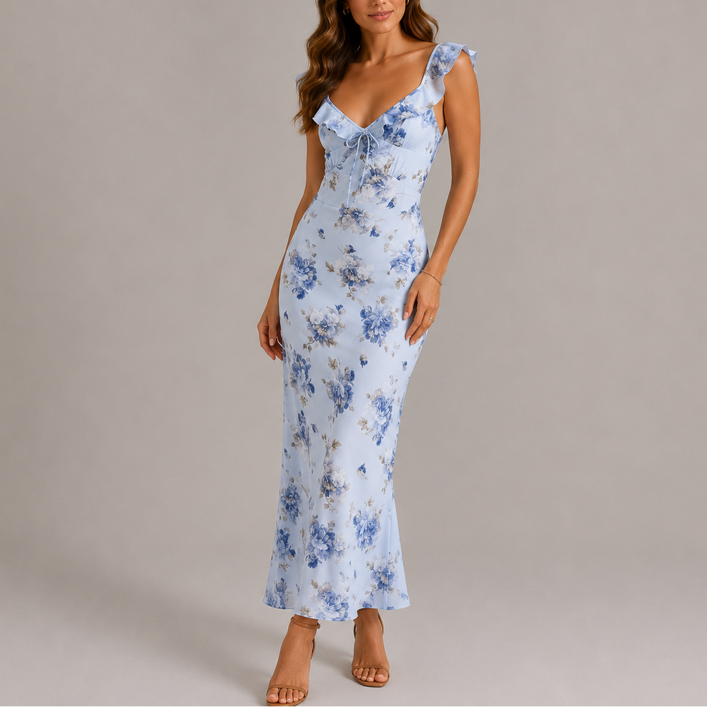 Abito Lungo Floreale Donna - Abito a Balze e Spalline - immagine 2