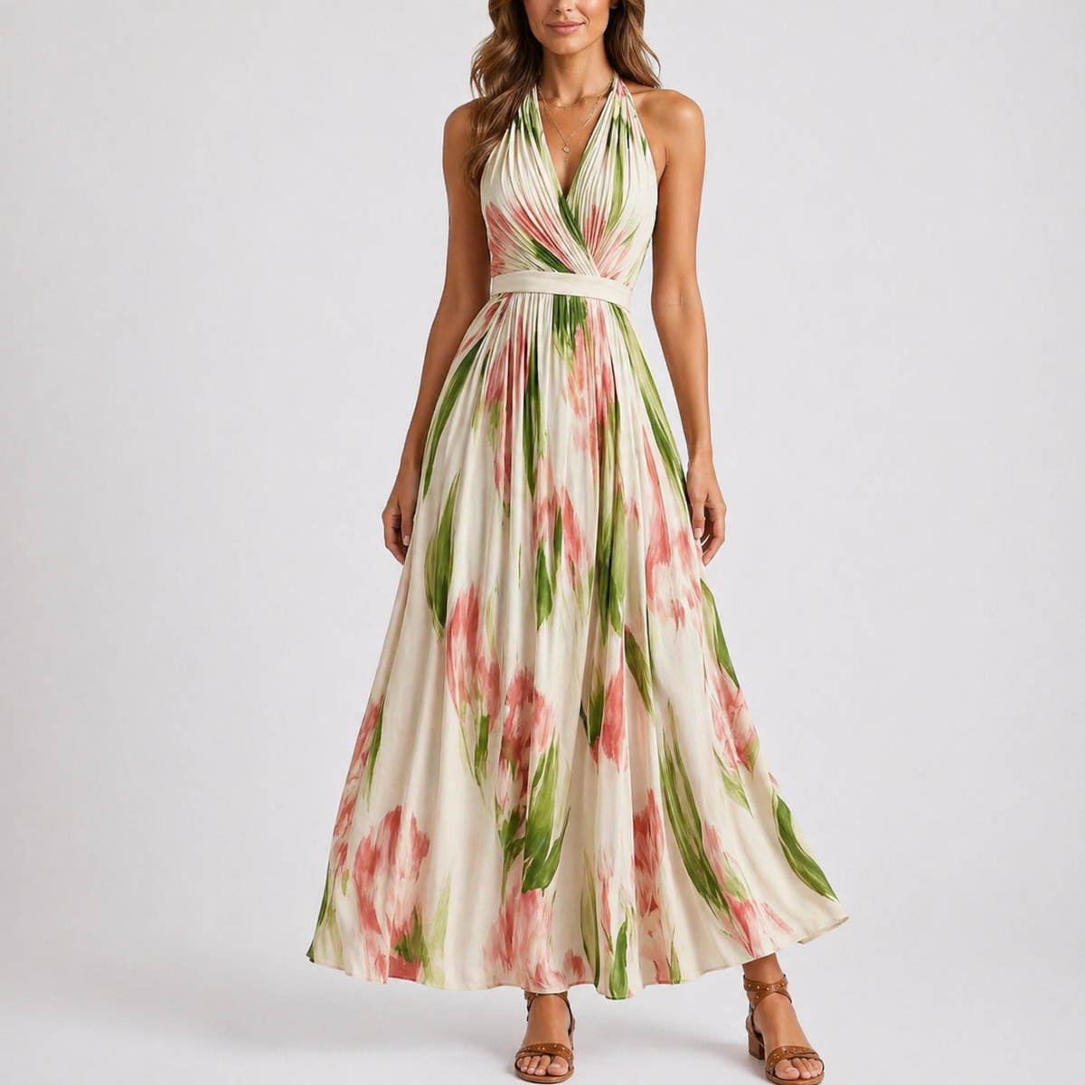 Abito Lungo Donna Collo Halter Floreale - Abito Lungo Stampa Acquerello - immagine 3