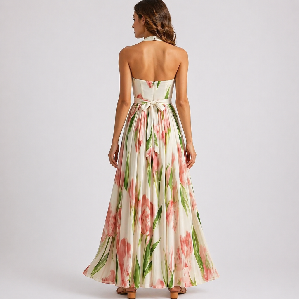 Abito Lungo Donna Collo Halter Floreale - Abito Lungo Stampa Acquerello - immagine 2