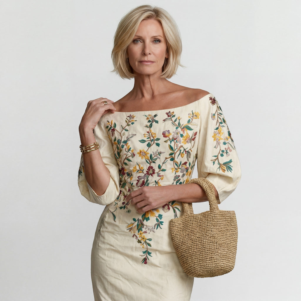 Abito Midi Donna Spalle Scoperte – Vestibilità Aderente e Cintura in Cotone Misto - immagine 2