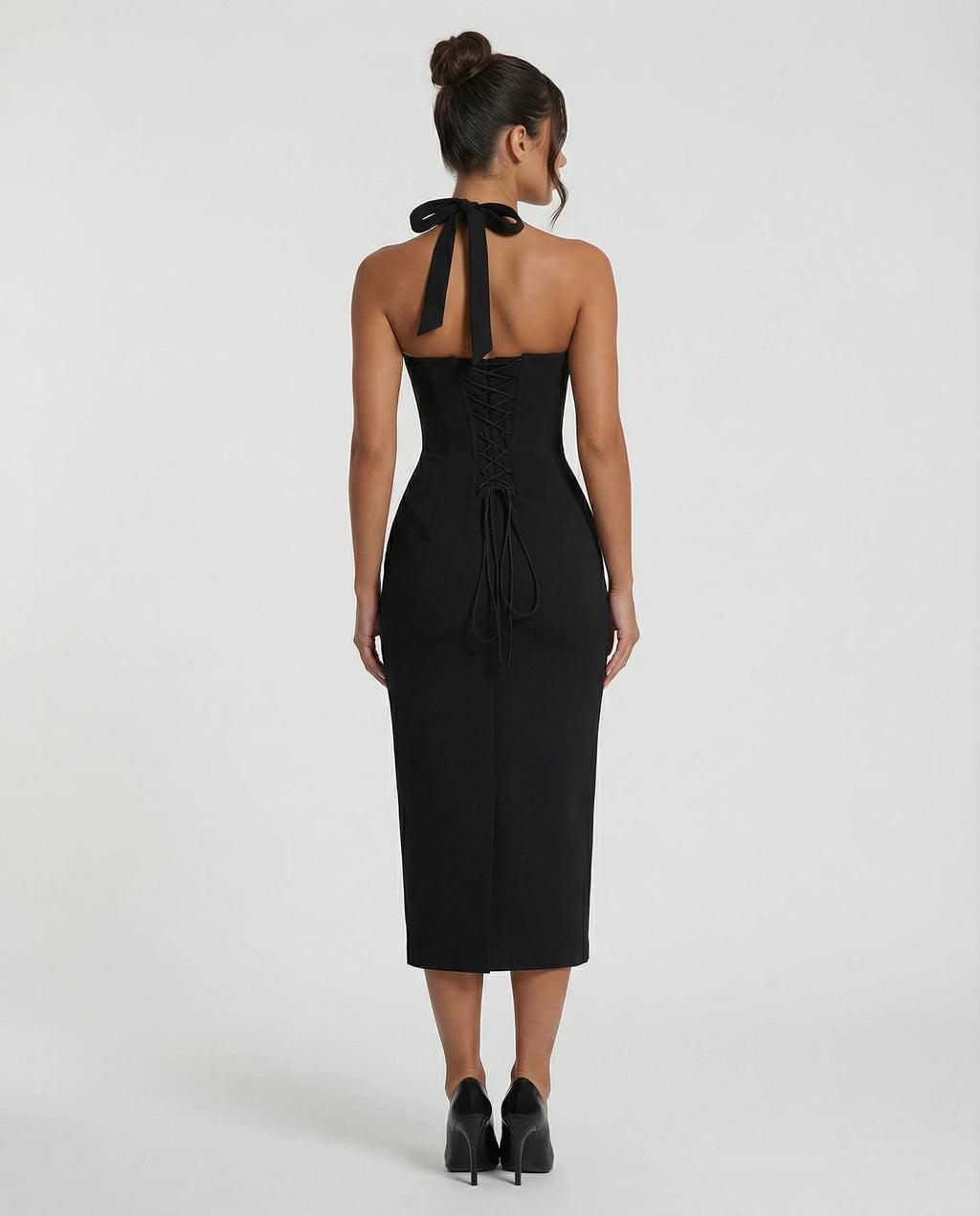Abito Midi Donna Collo Halter – Vestibilità Strutturata e Spacco sulla Schiena - immagine 3