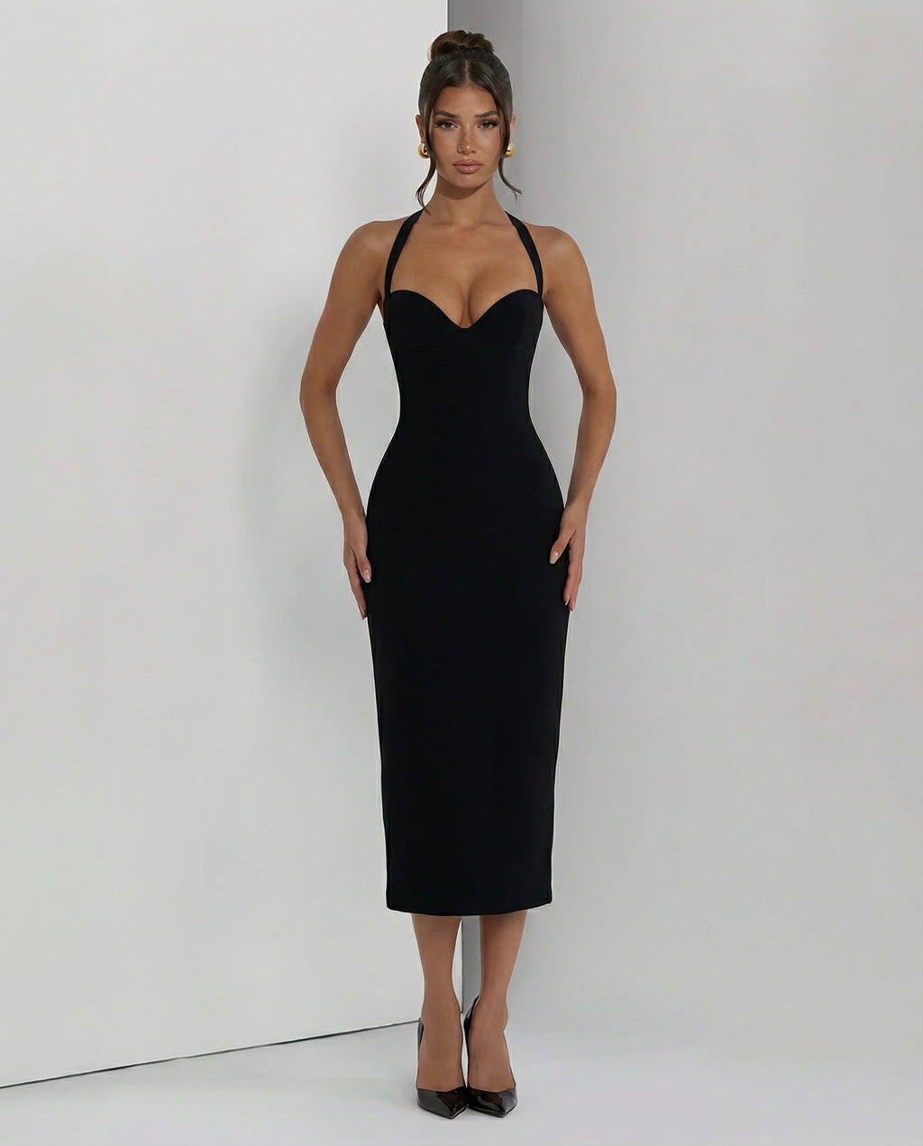 Abito Midi Donna Collo Halter – Vestibilità Strutturata e Spacco sulla Schiena - immagine 1
