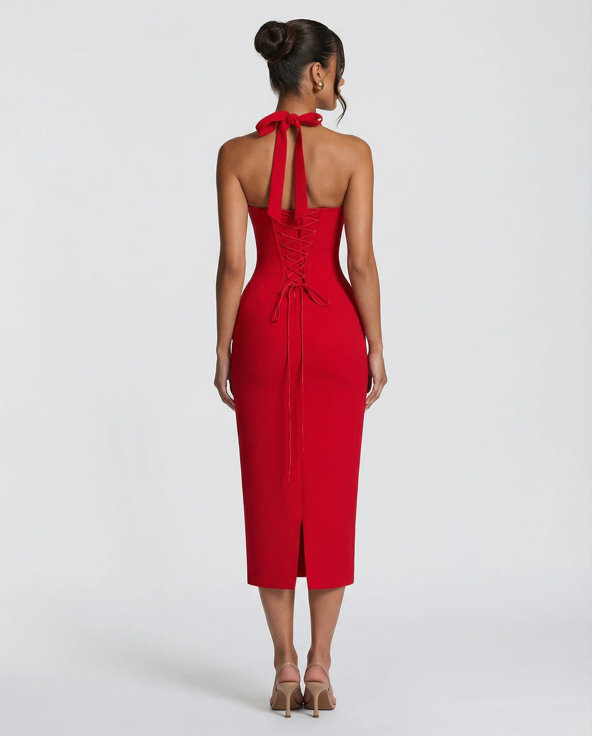 Abito Midi Donna Collo Halter – Vestibilità Strutturata e Spacco sulla Schiena - immagine 5